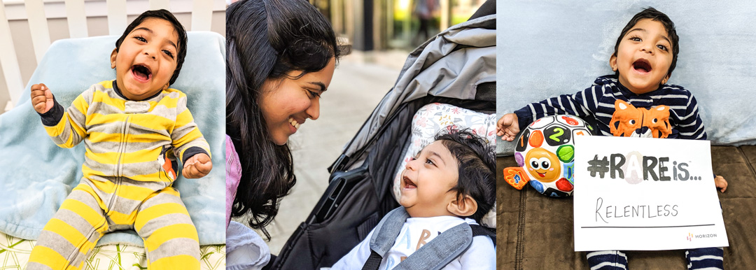 A collage of three photos are aligned horizontally, all of Raghav. In the first photo, he is smiling at the camera while wearing a yellow and grey striped onesie; the second photo is Ramya peering at Raghav as he smiles up from her in his stroller, and the third is a photo of Raghav smiling at the camera with a sign that says #RARE is relentless