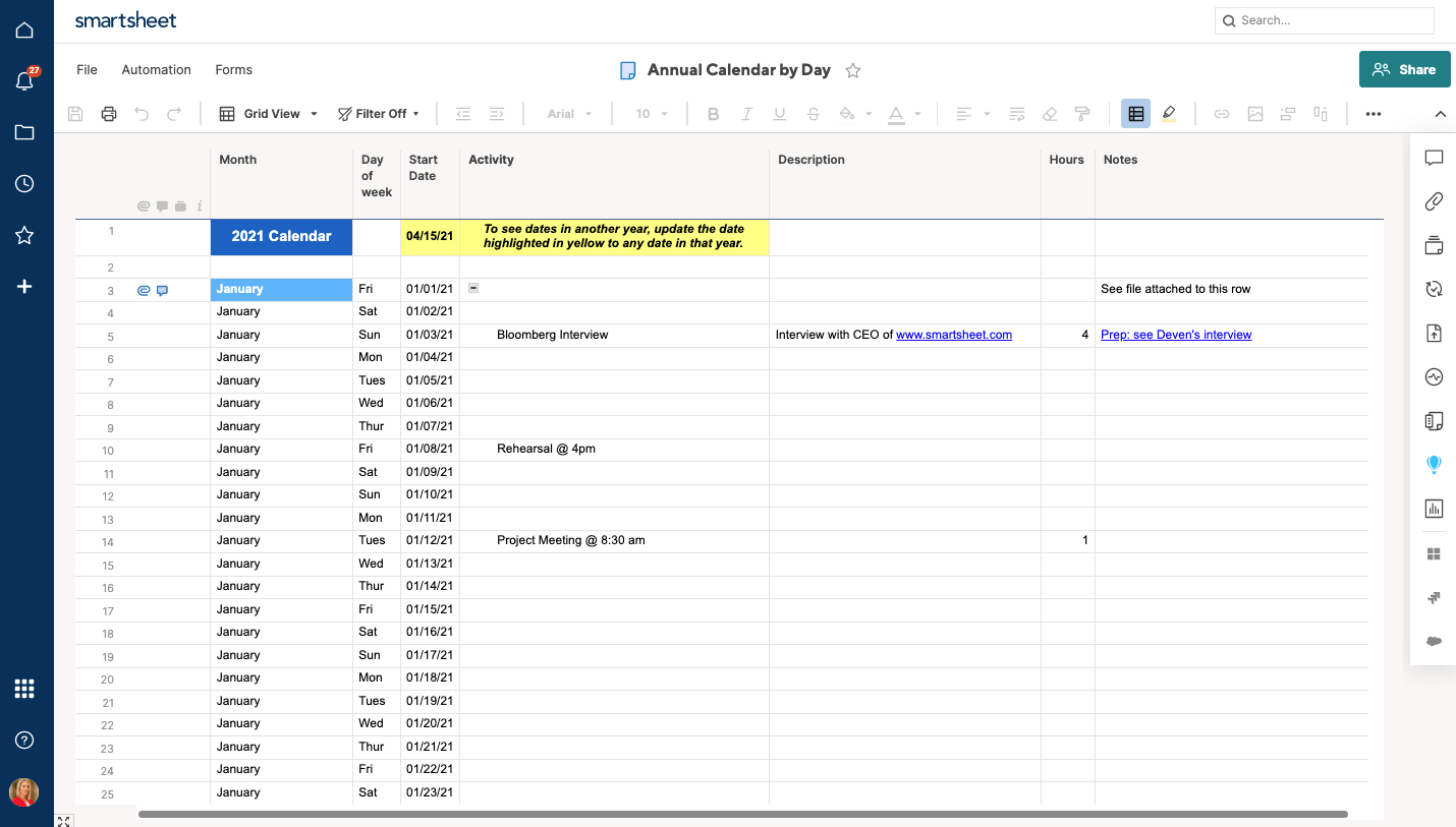 Smartsheet Calendar in Grid View