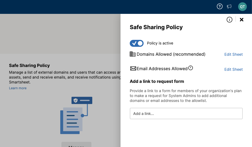 Smartsheet Admin Center Safe Sharing Policy panel