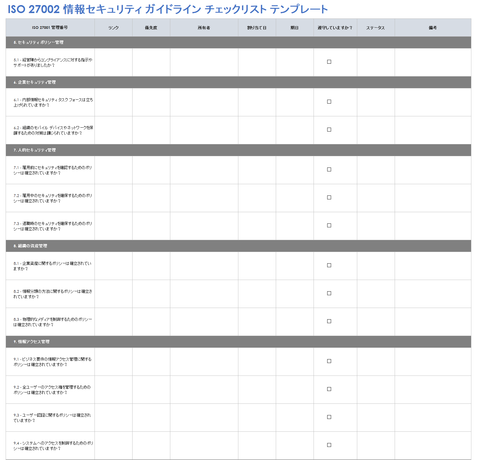 ISO 27002 情報セキュリティガイドラインチェックリスト