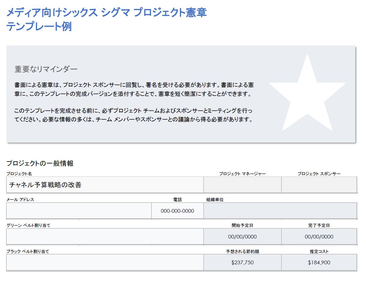 メディア シックス シグマ プロジェクト憲章の例