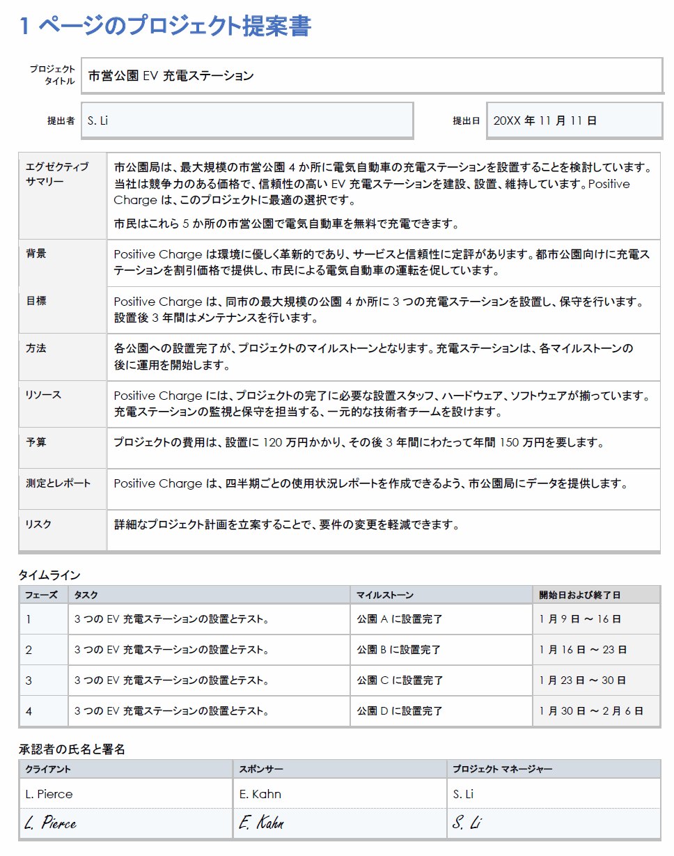  1 ページのプロジェクト提案書の例テンプレート