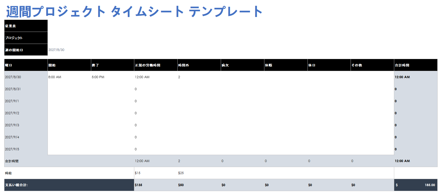  週間プロジェクト タイムシート テンプレート Google シート