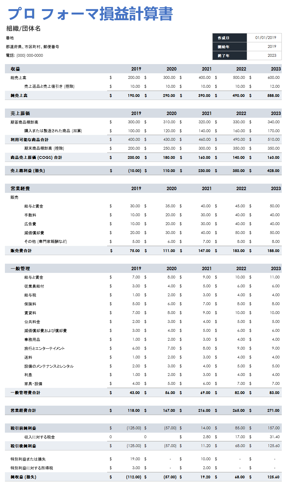  プロフォーマ損益計算書テンプレート