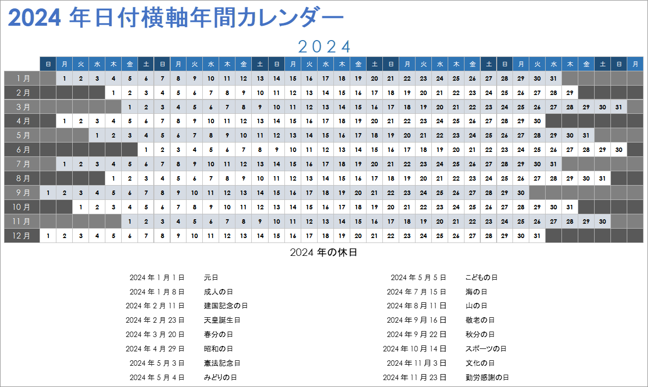  2024 年の年間カレンダー テンプレートと月の行