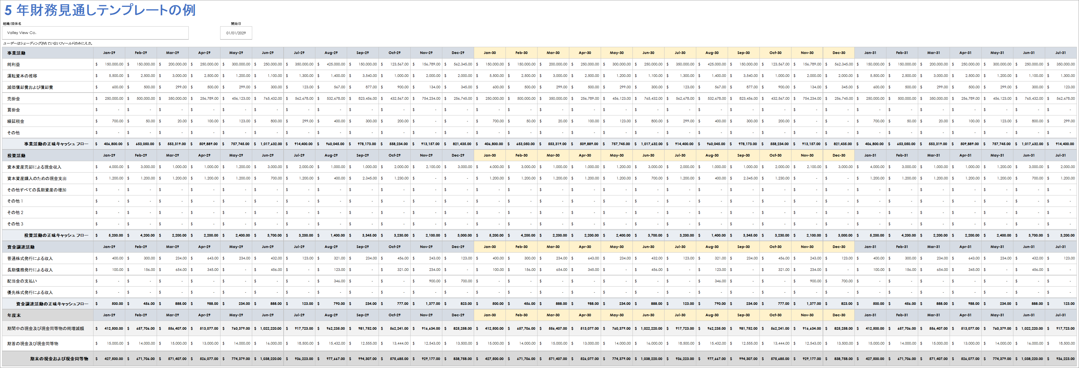  5 年間の財務予測テンプレート