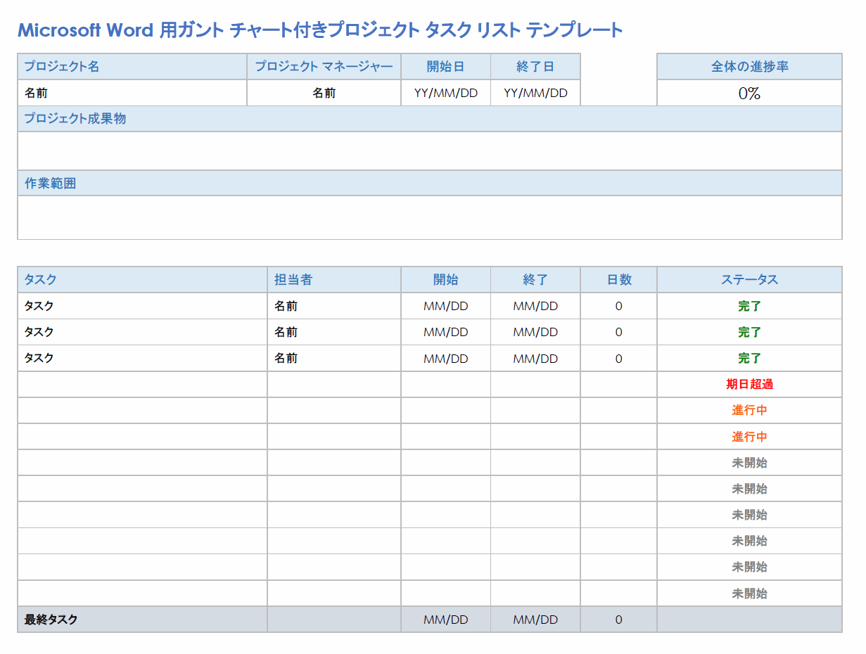  Microsoft Word 用のガント チャート付きプロジェクト タスク リスト テンプレート