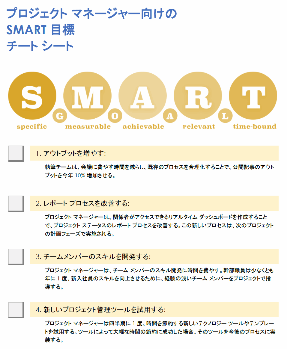 プロジェクト マネージャー向け SMART 目標チート シート