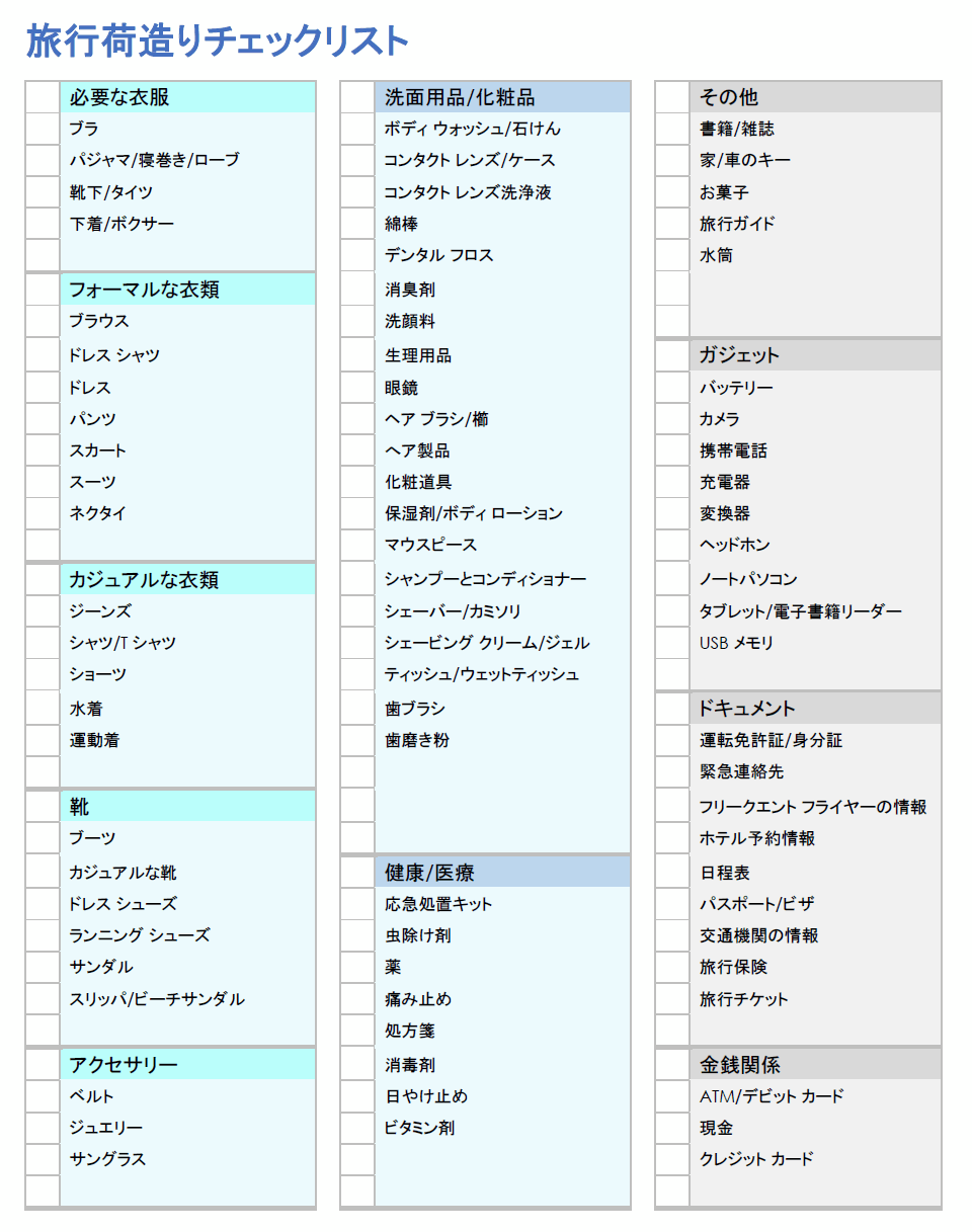  Google ドキュメント用の旅行パッキング チェックリスト テンプレート