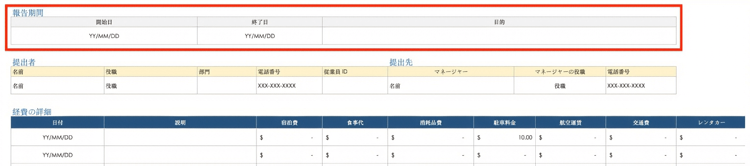  経費報告期間の詳細