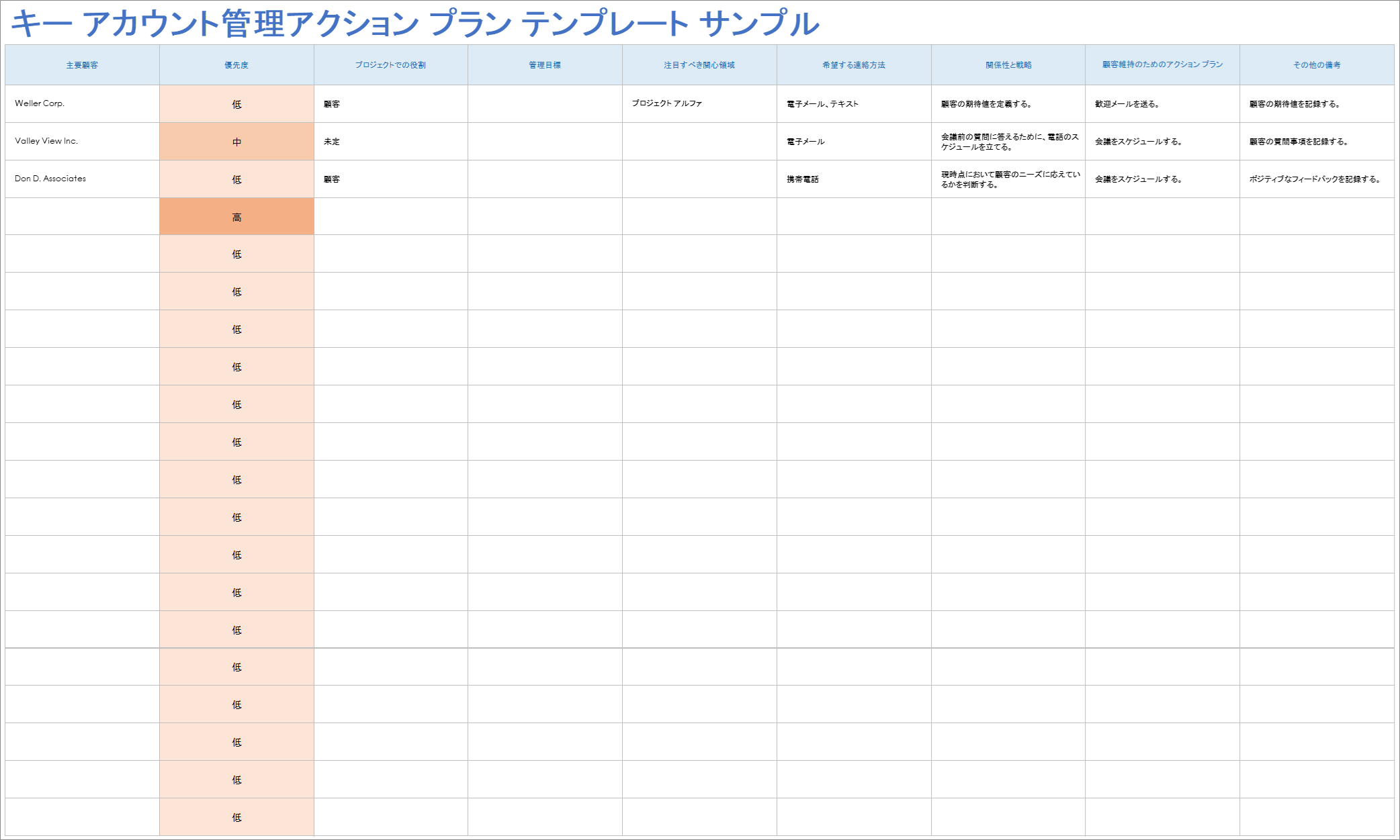  キーアカウント管理アクションプランの例