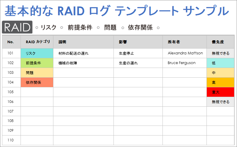  基本 RAID ログ サンプル テンプレート