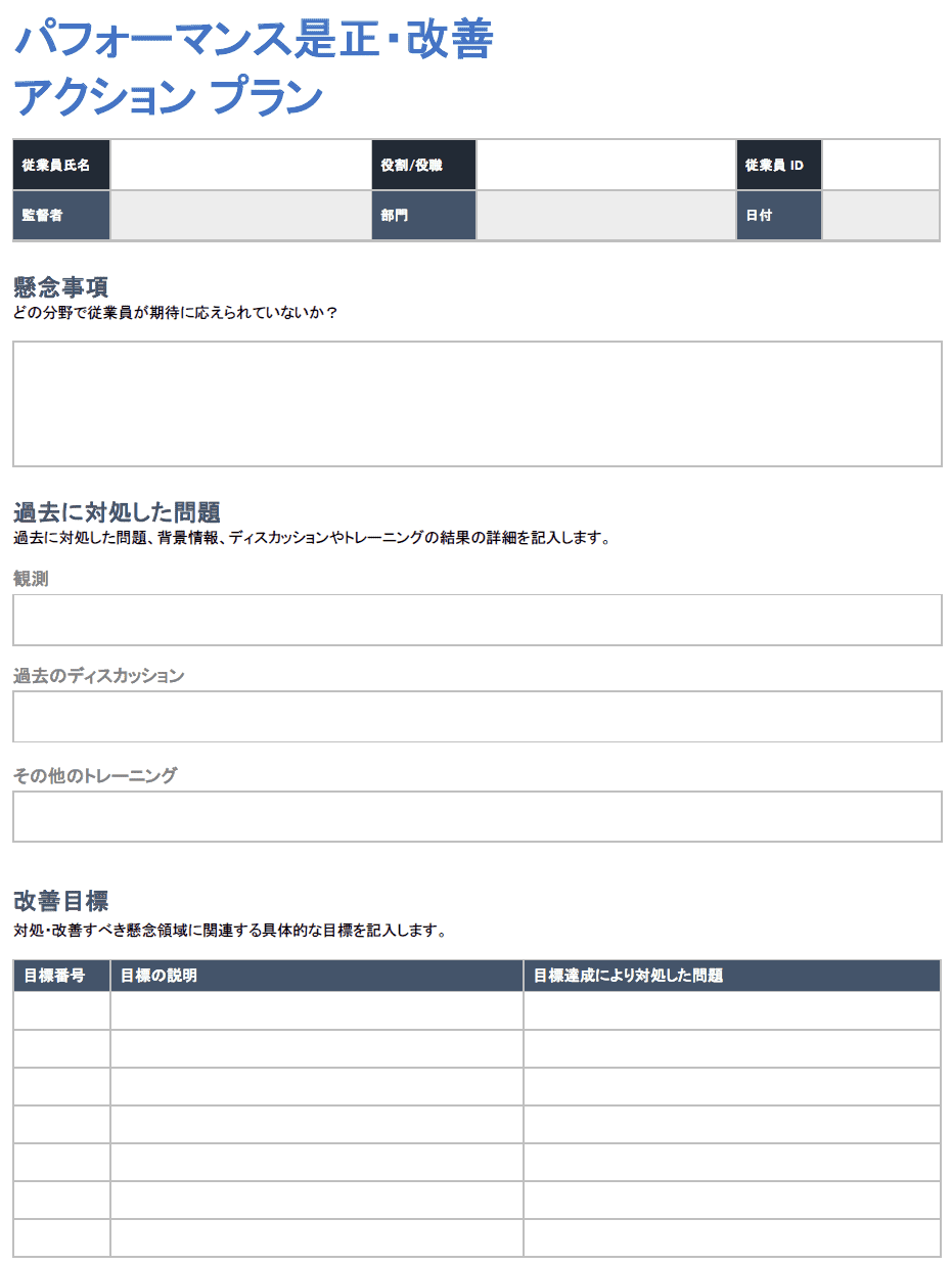  是正パフォーマンス改善計画行動計画 - Wordテンプレート