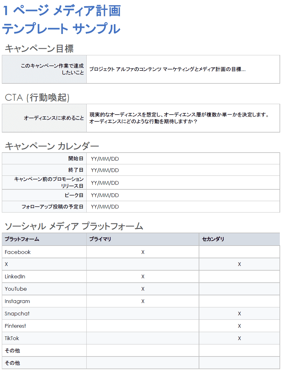  1 ページのメディア プランのテンプレートの例