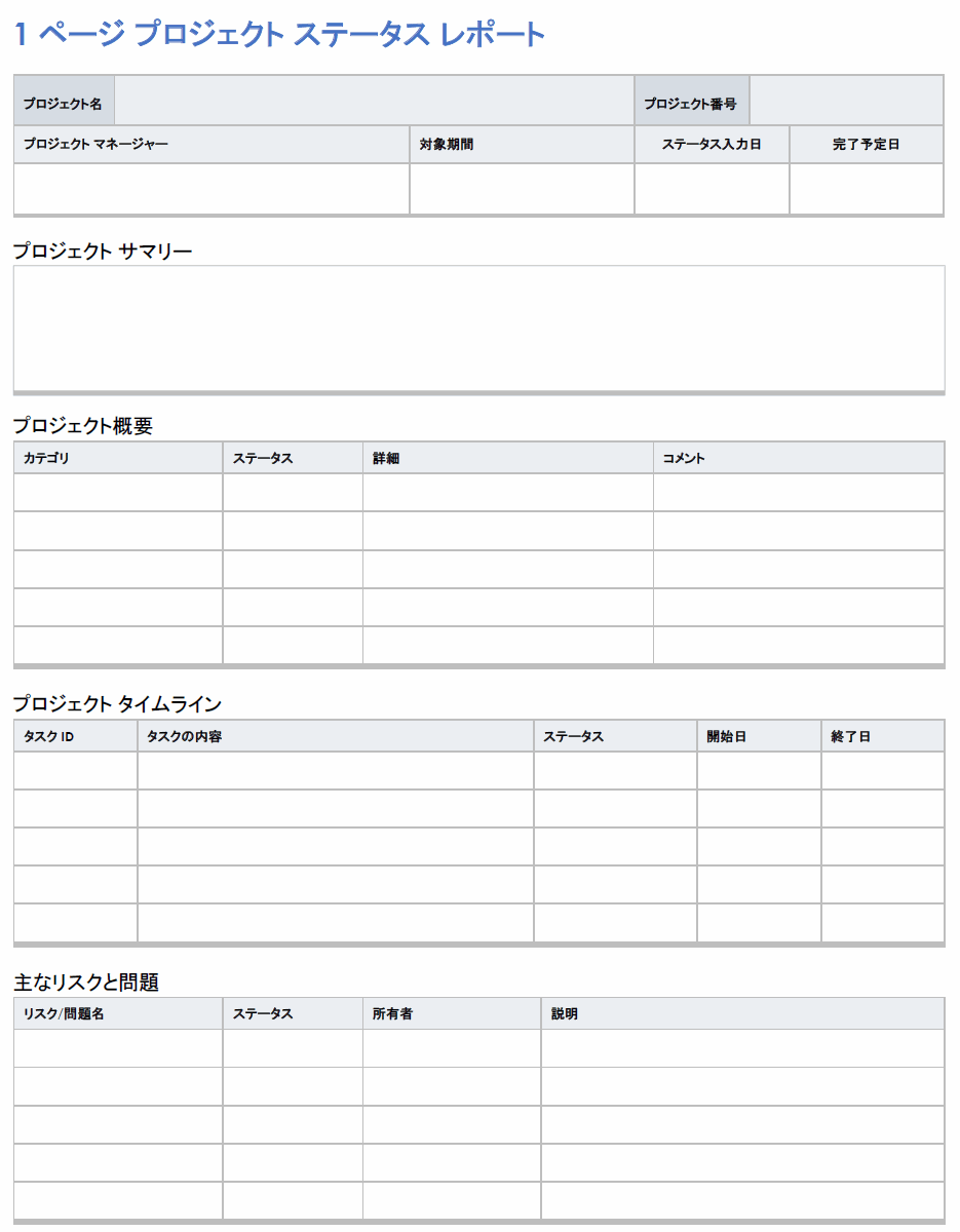  1 ページのプロジェクト ステータス レポート テンプレート