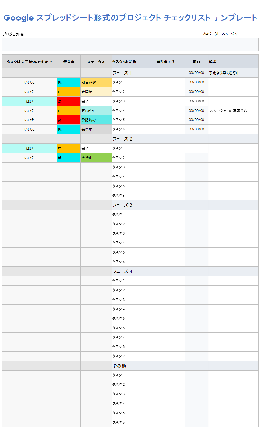  Google スプレッドシートのプロジェクト チェックリスト テンプレート