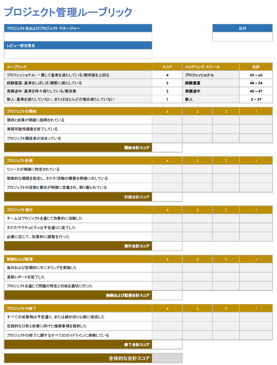  プロジェクト管理ルーブリック テンプレート