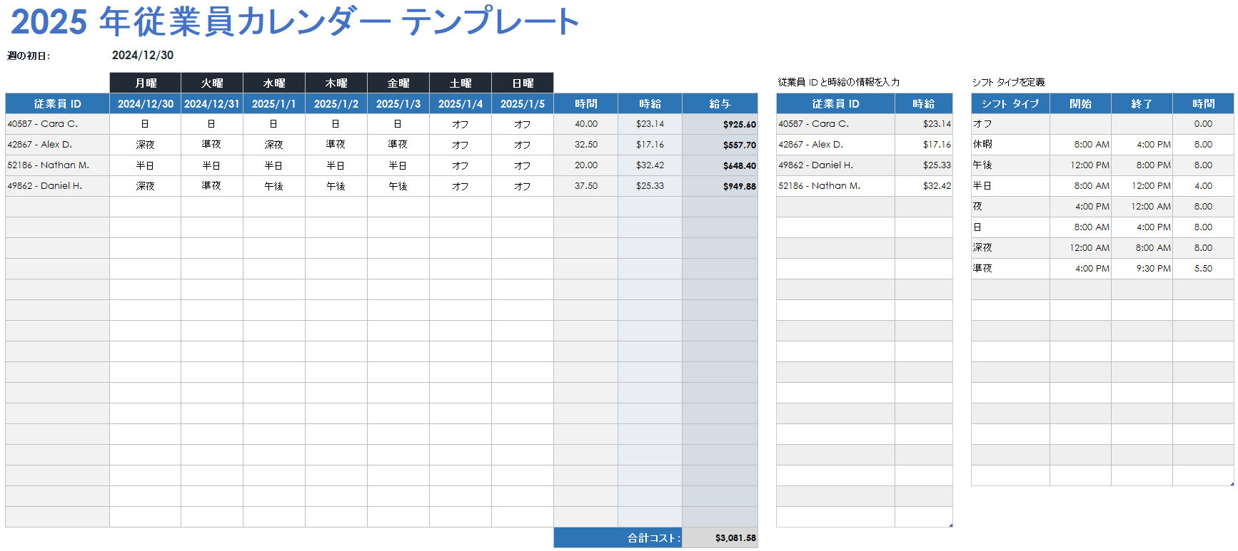 2025 年従業員カレンダー テンプレート (Google スプレッドシート)