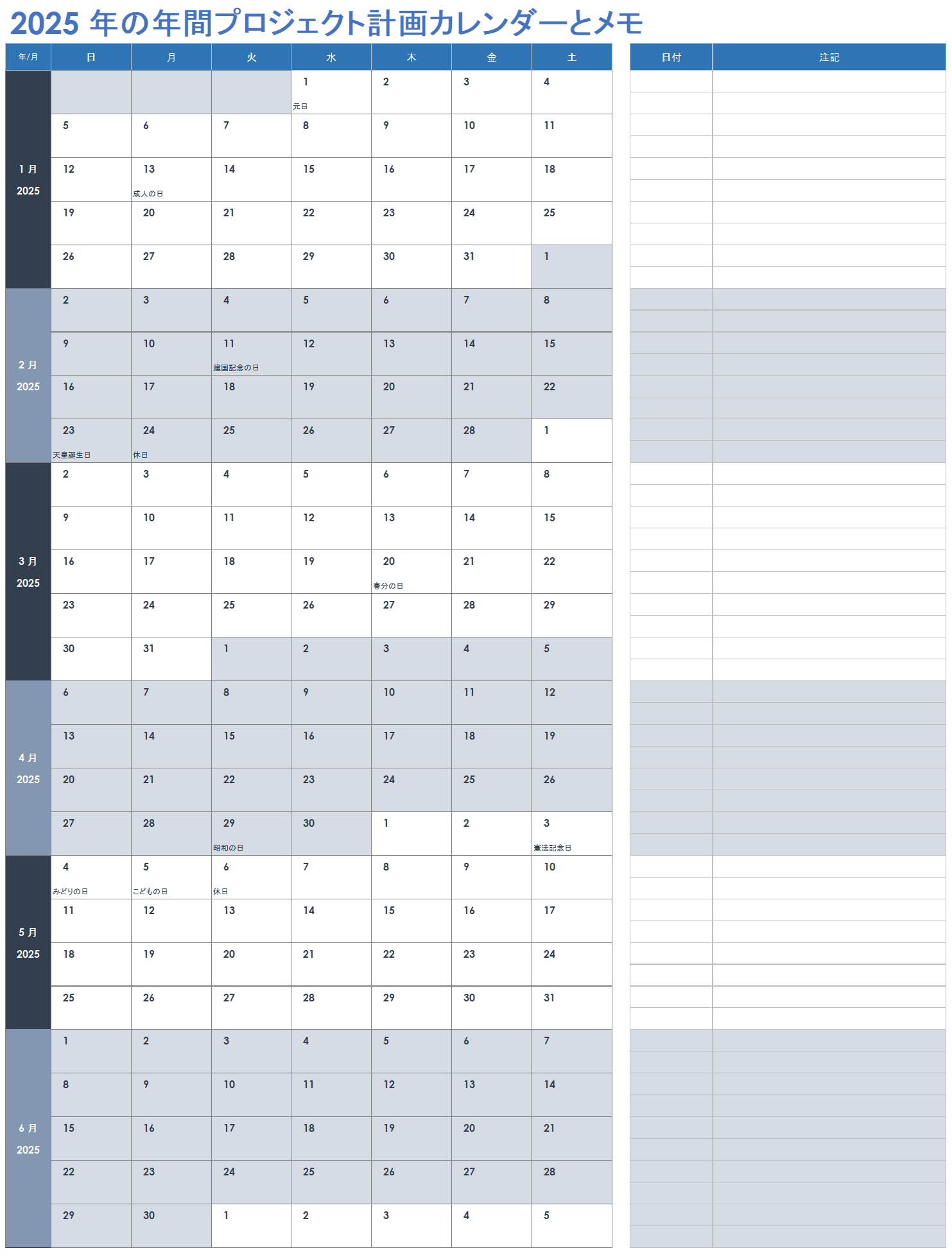 2025 年メモ付き年次プロジェクト計画カレンダー