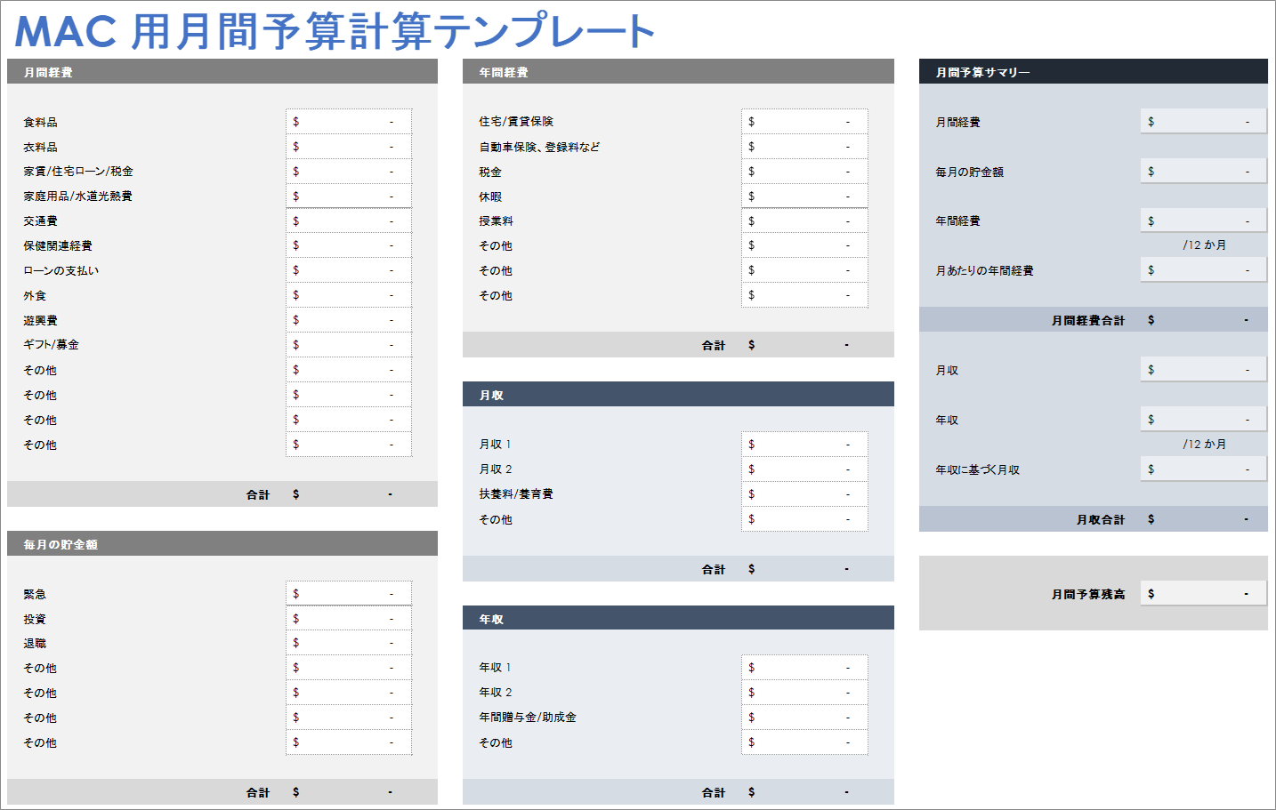 Mac 用月間予算計算テンプレート