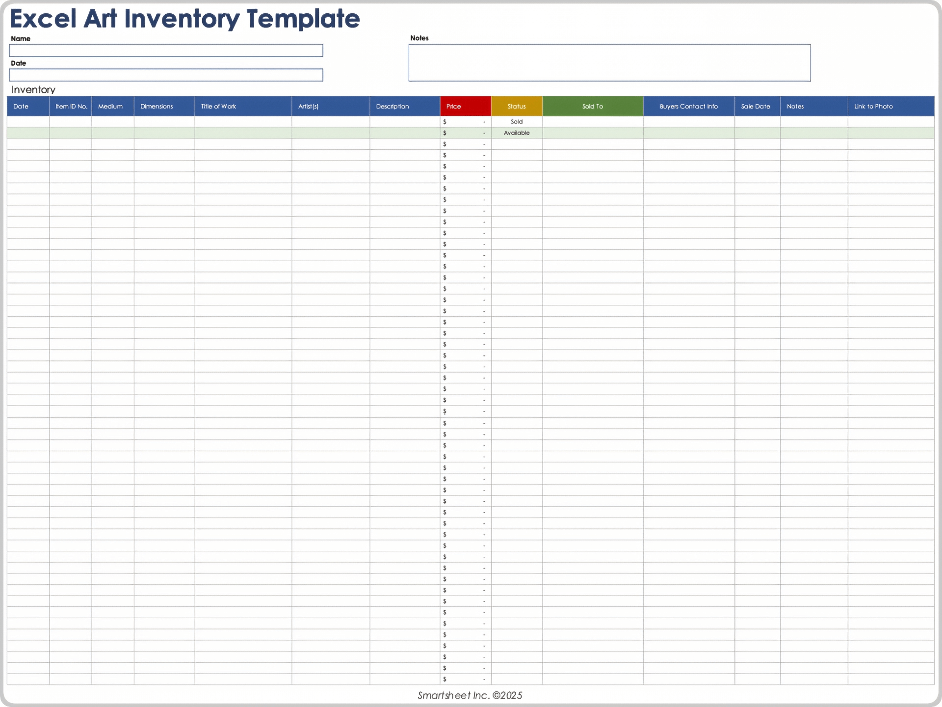 Excel Art Inventory Template