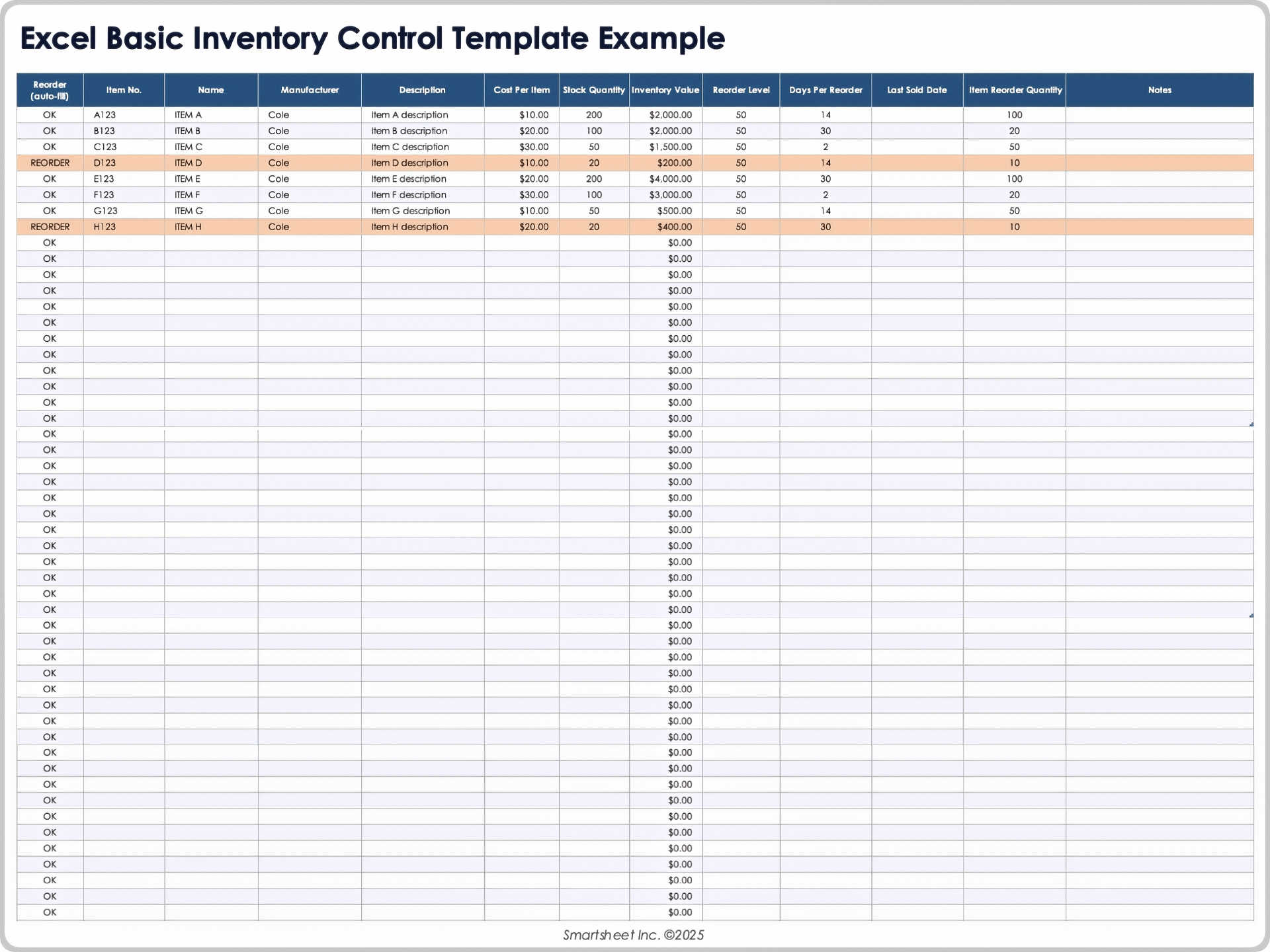 Excel Basic Inventory Control Template Example