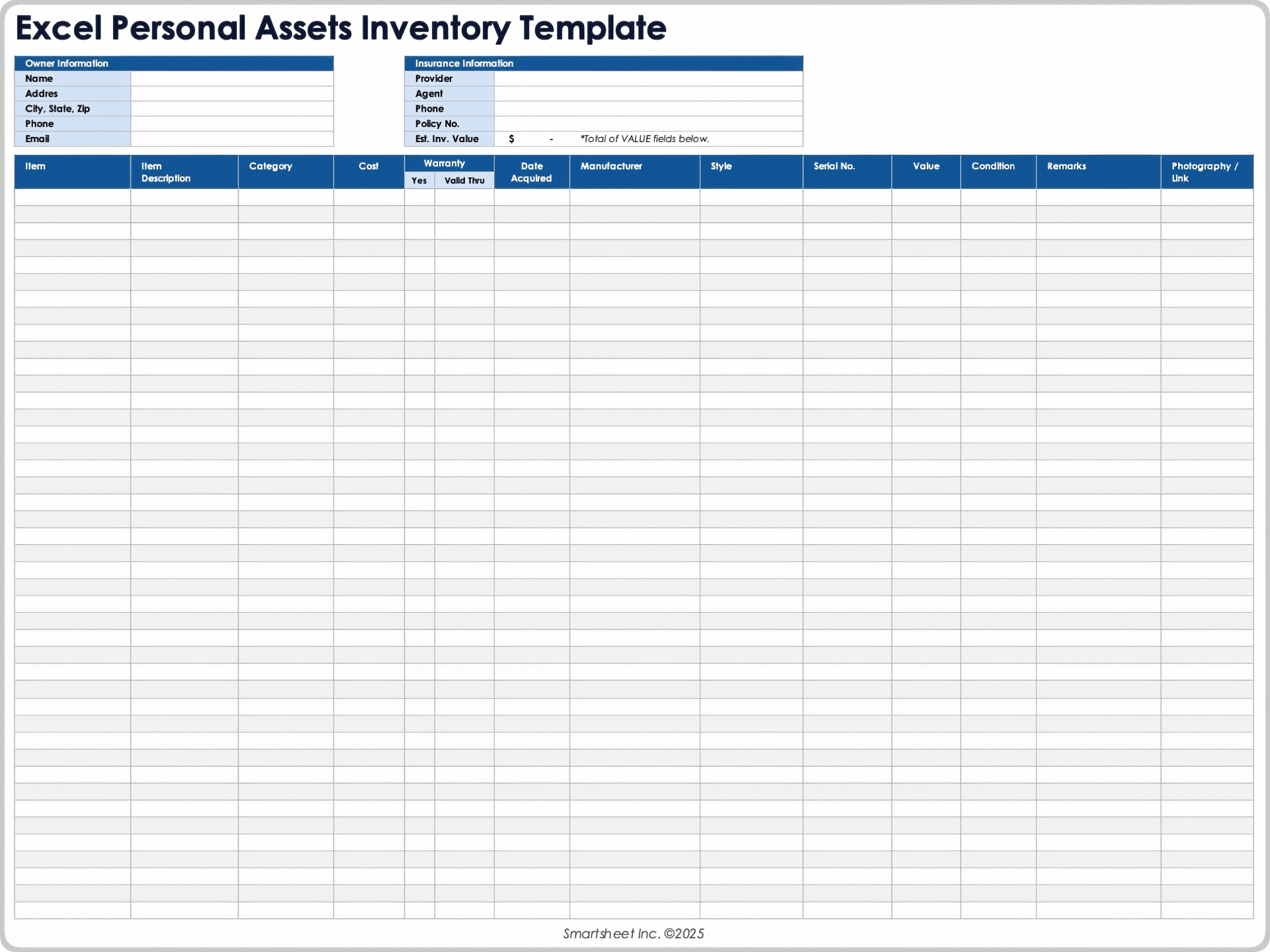 Excel Personal Assets Inventory Template