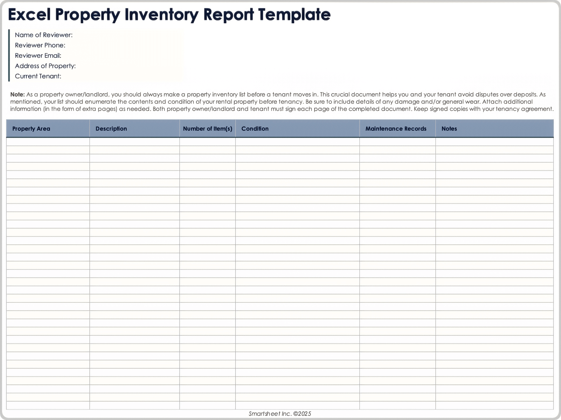 Excel Property Inventory Report Template