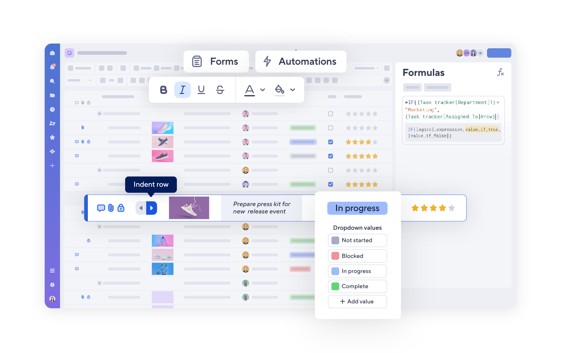 Smartsheet table view product screen