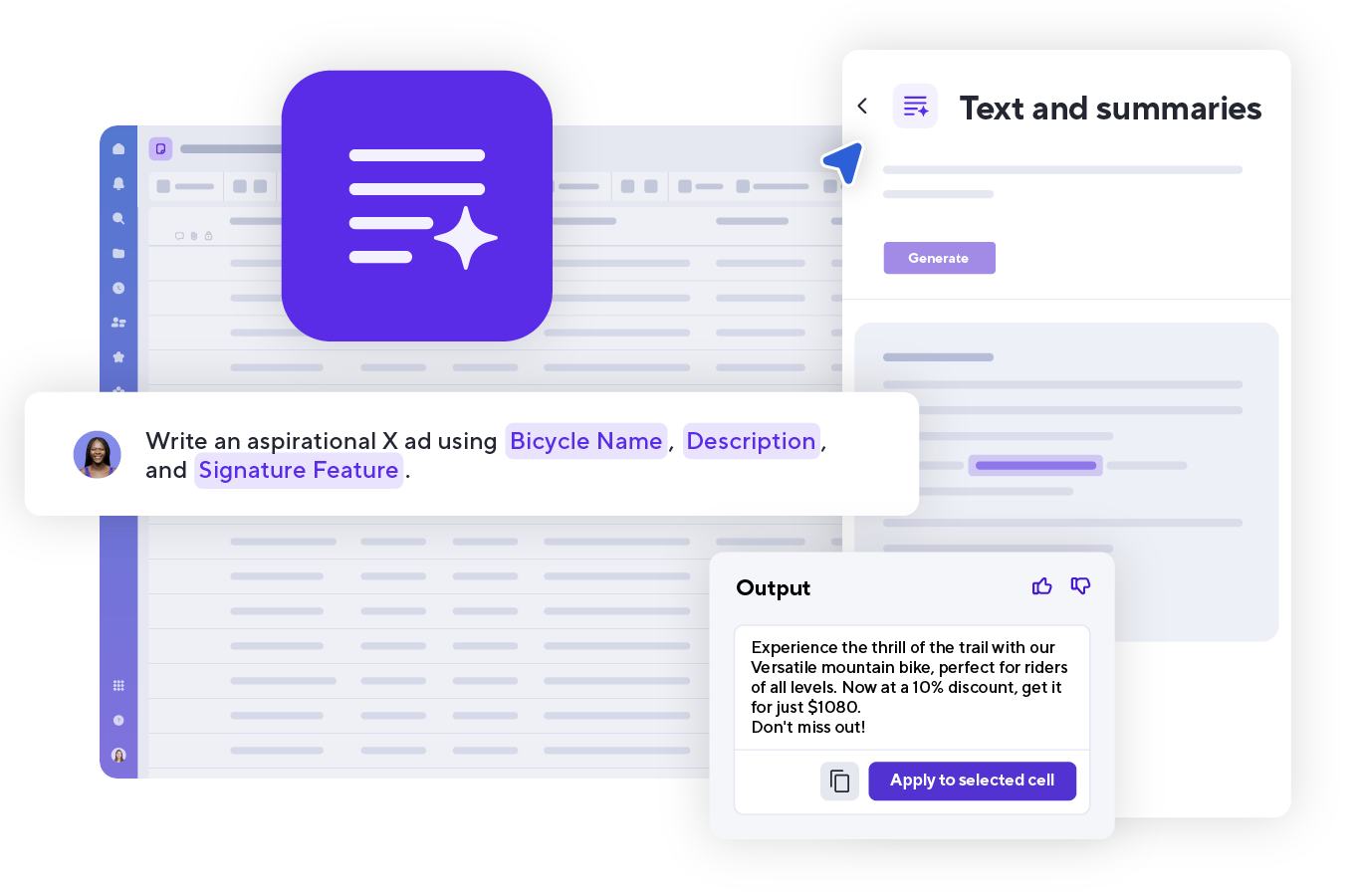 AI text and summaries product screen