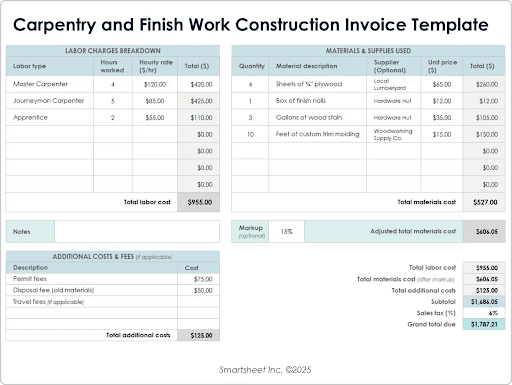 大工仕事と仕上げ工事の請求書テンプレート