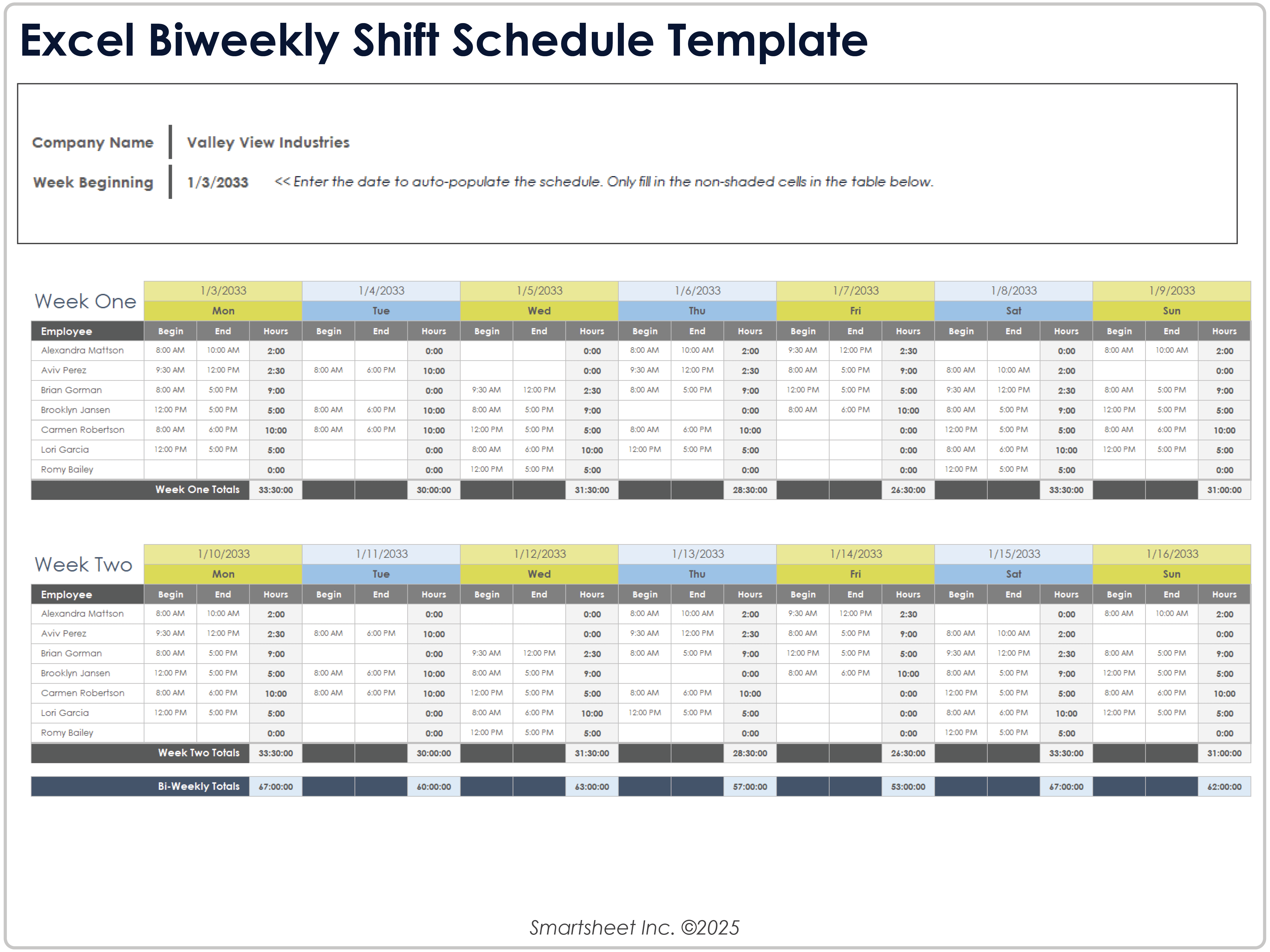 Excel 週次シフト スケジュール テンプレート サンプル