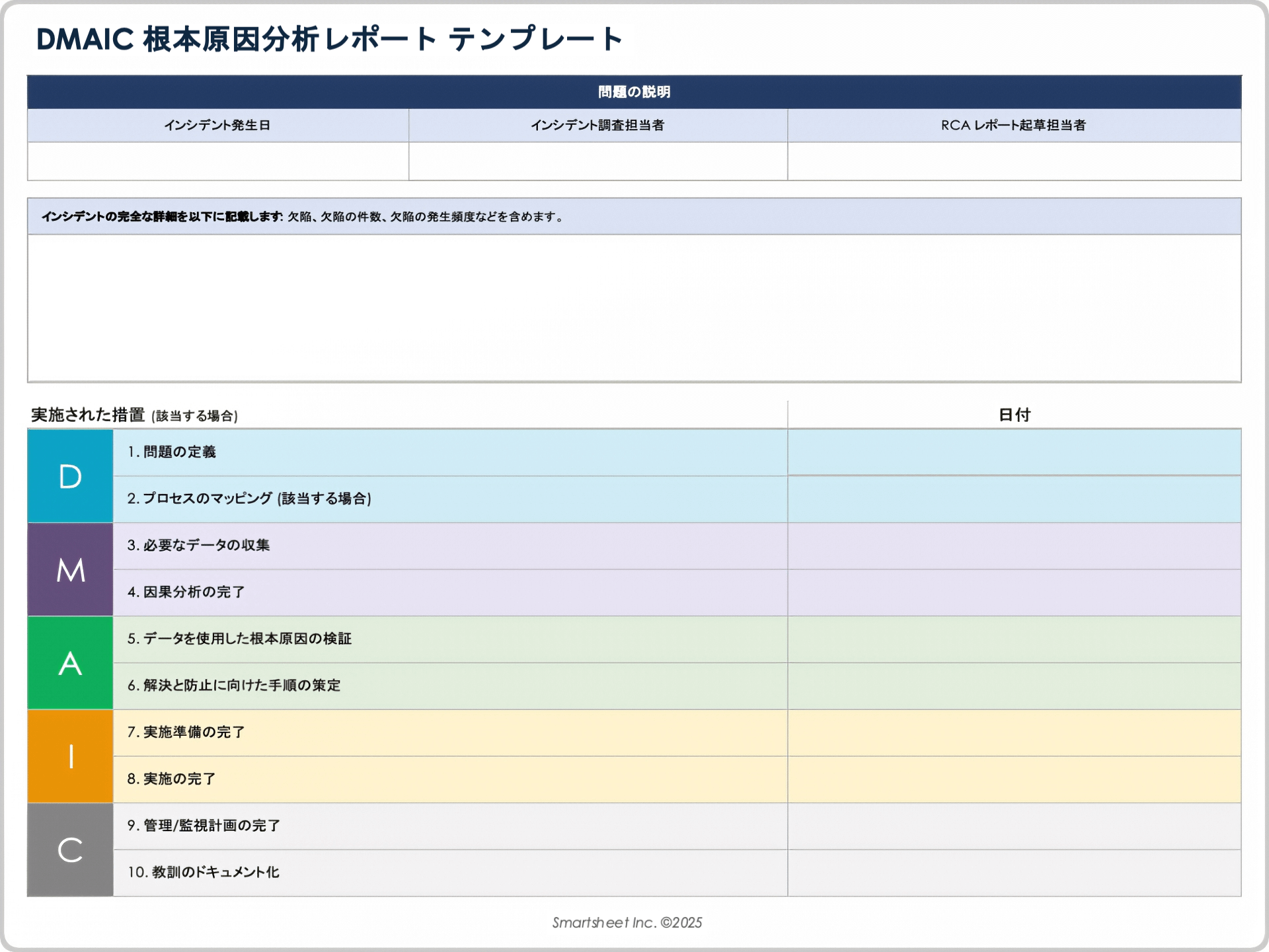 DMAIC 根本原因分析レポート テンプレート