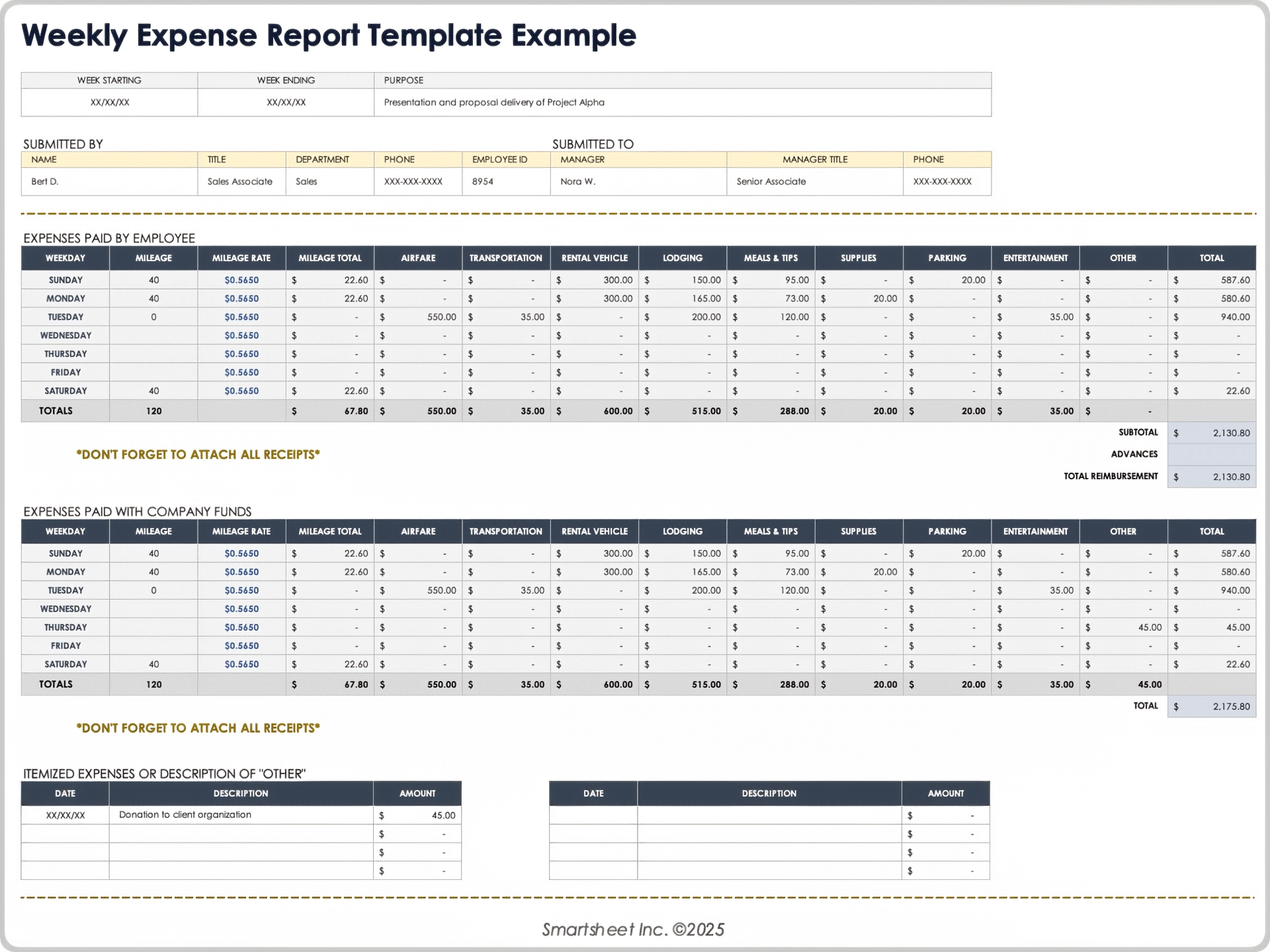 Weekly Expense Report Template Example