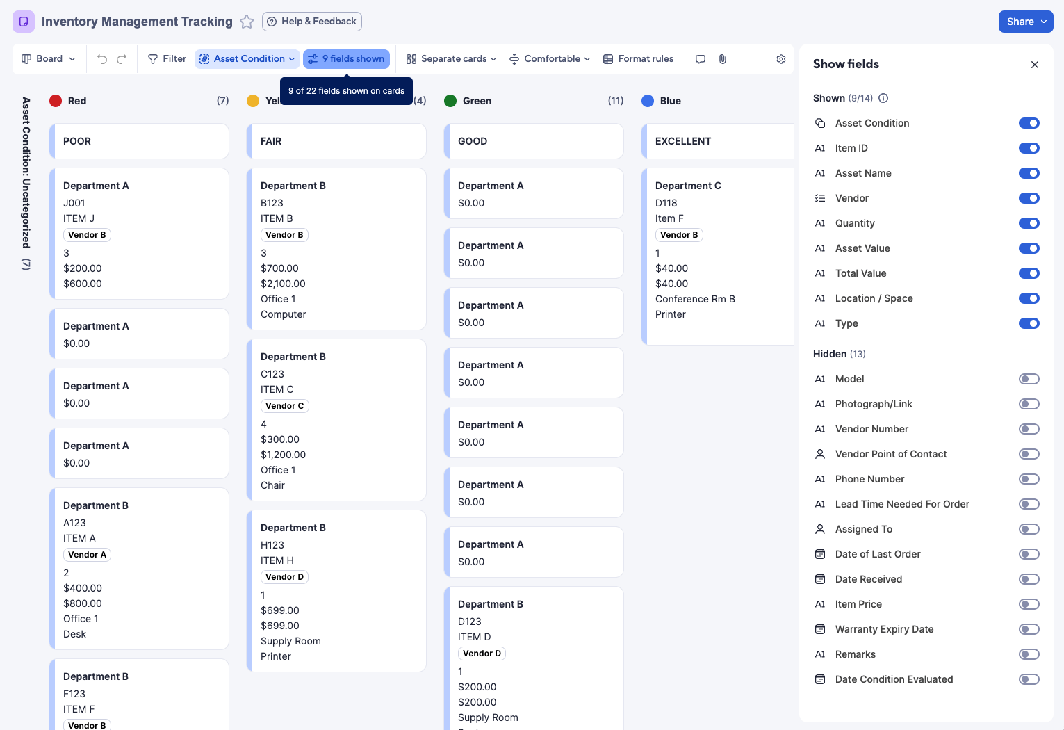 smartsheet inventory management adjust fields