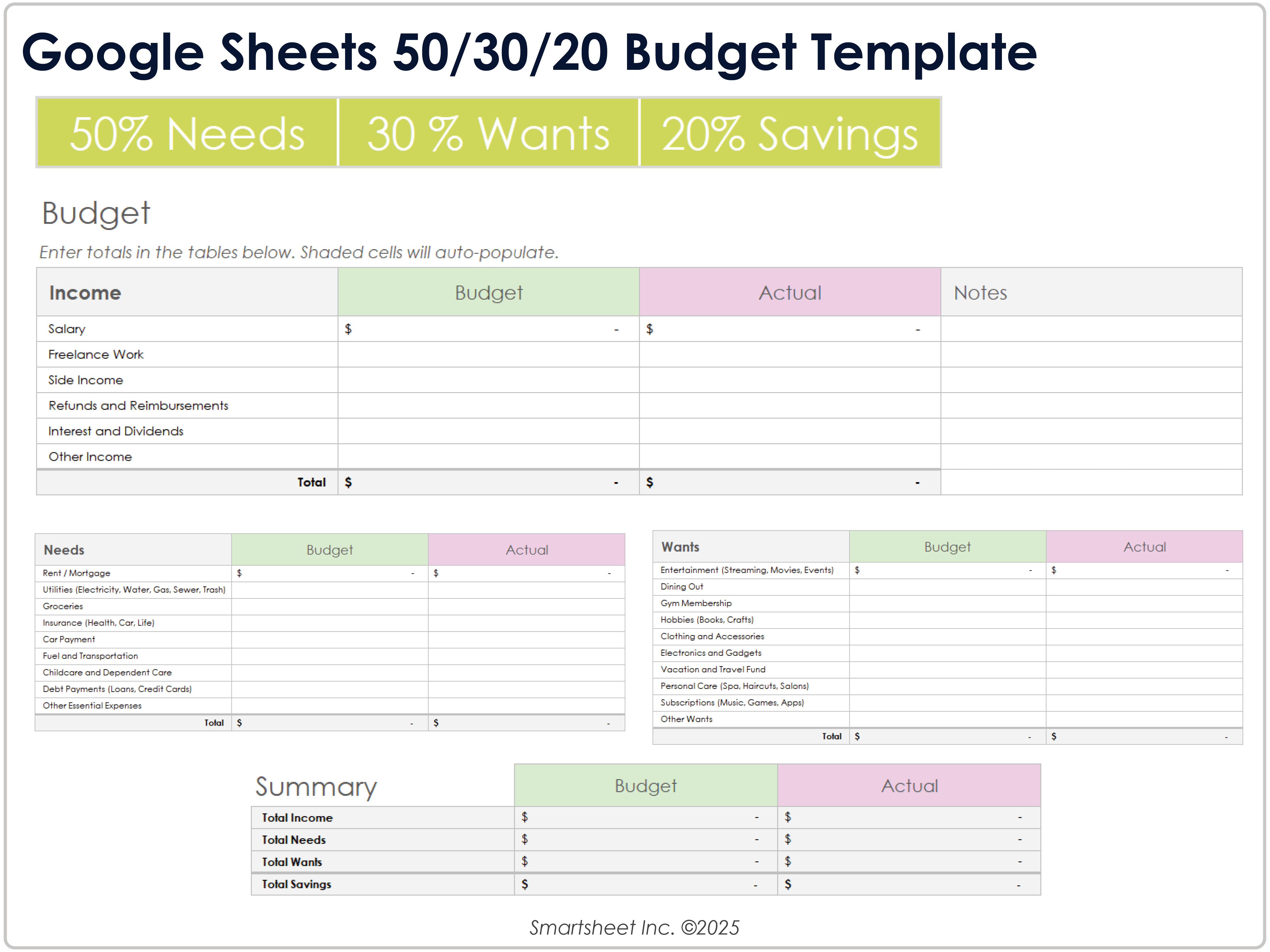 Google Sheets 50/30/20 予算テンプレート