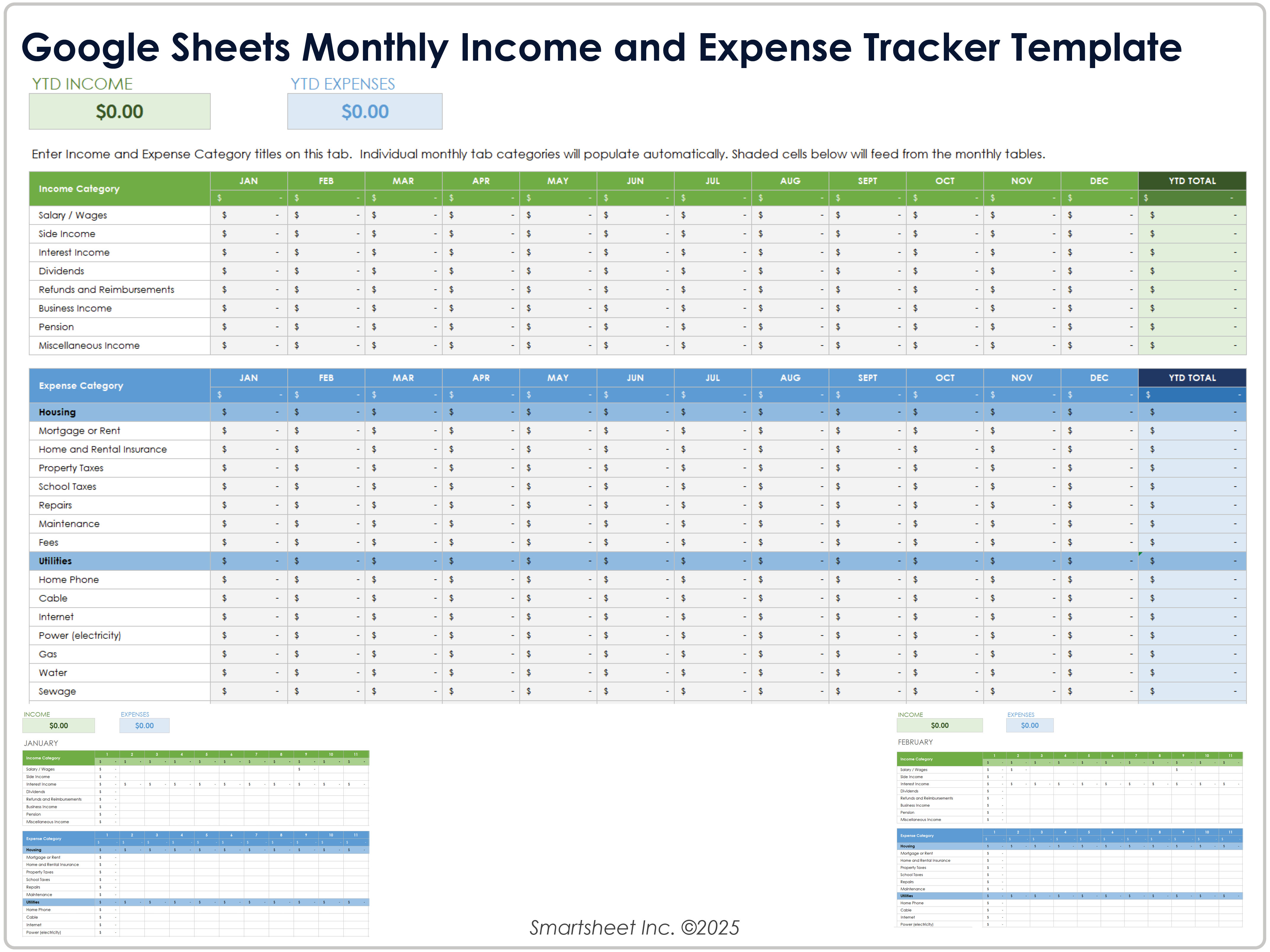 Google スプレッドシートの月次収入と支出トラッカーテンプレート