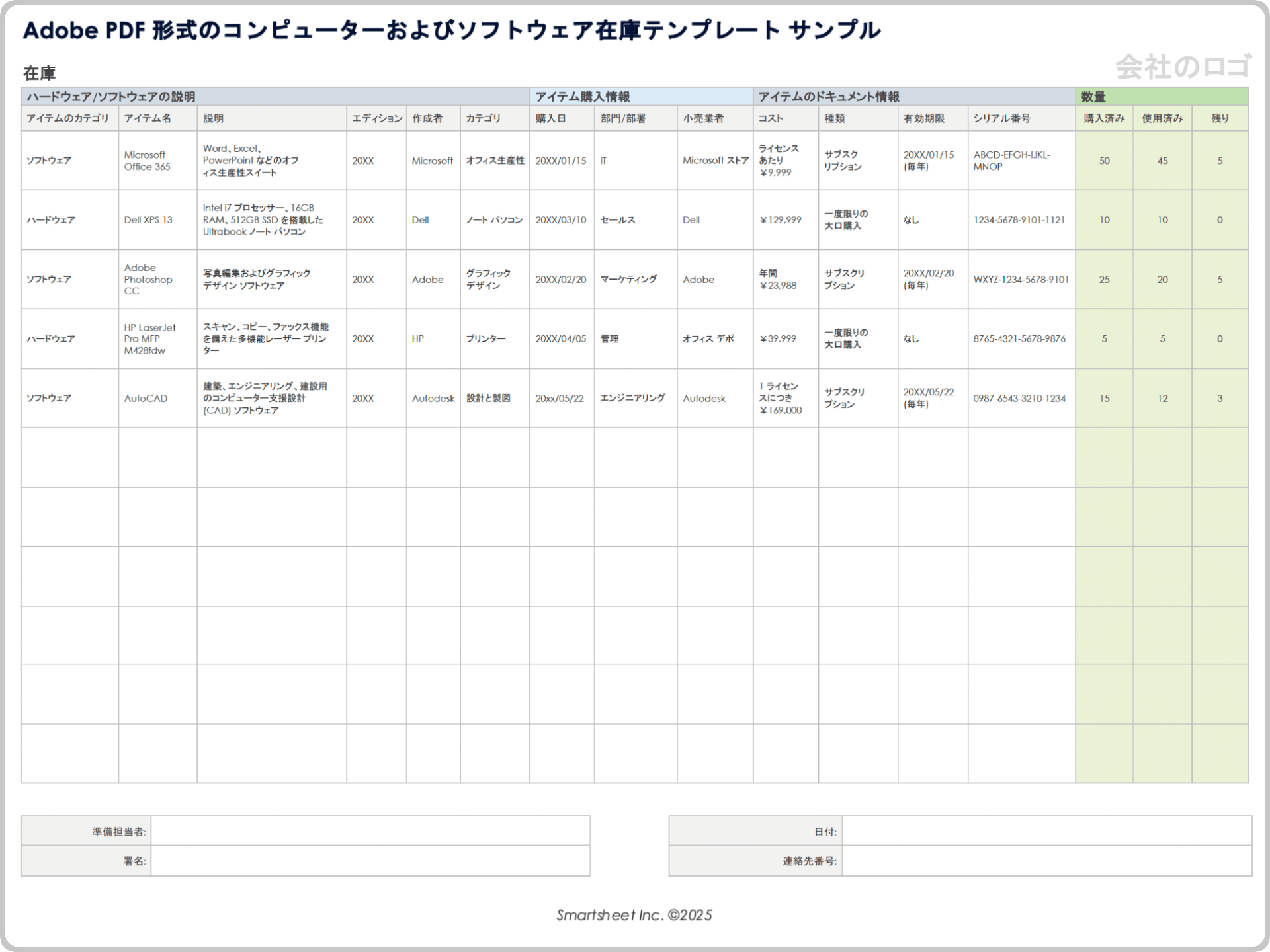 Adobe PDF 形式のコンピューターおよびソフトウェア在庫テンプレート