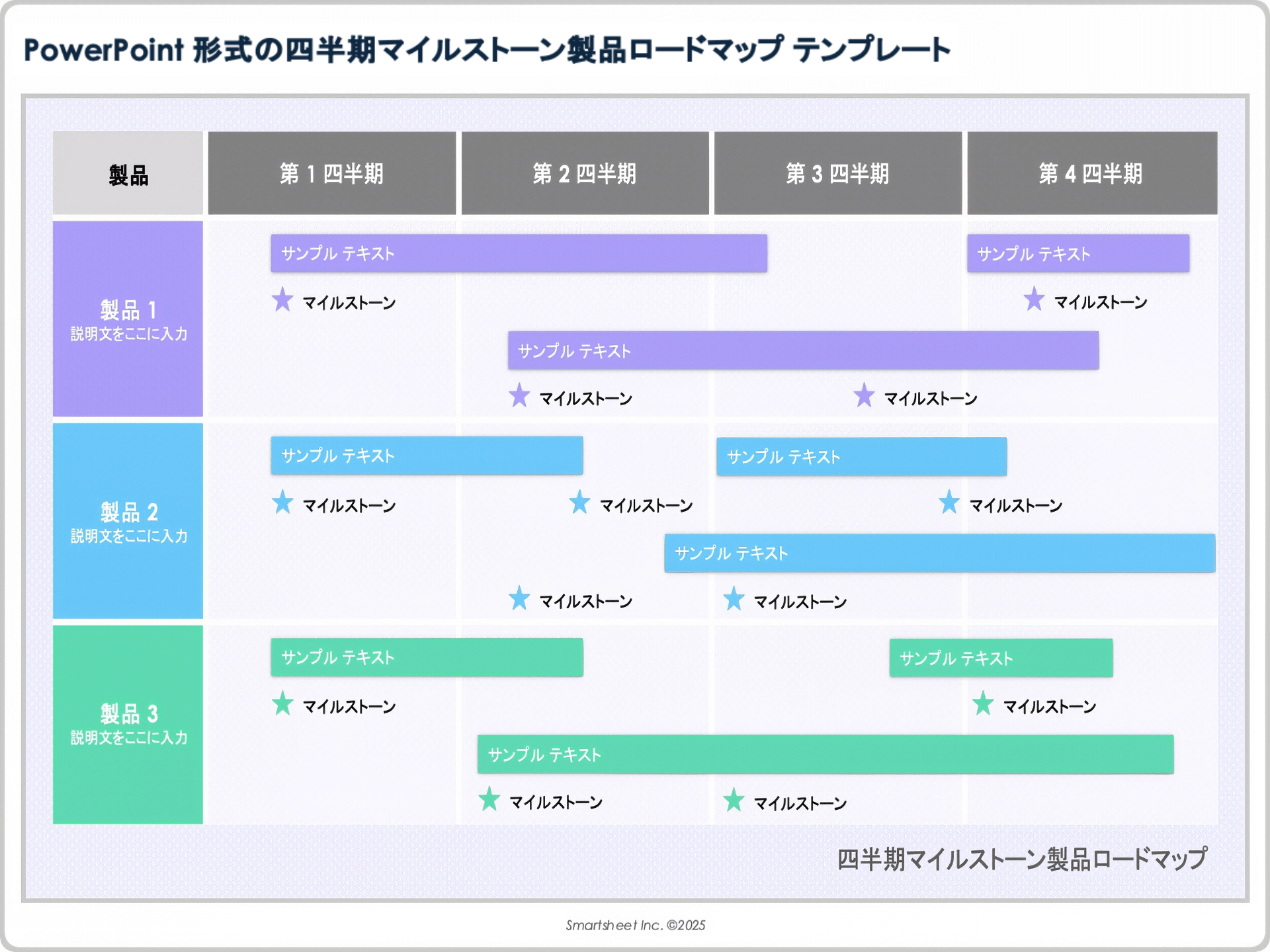 PowerPoint 形式の四半期マイルストーン製品ロードマップ テンプレート