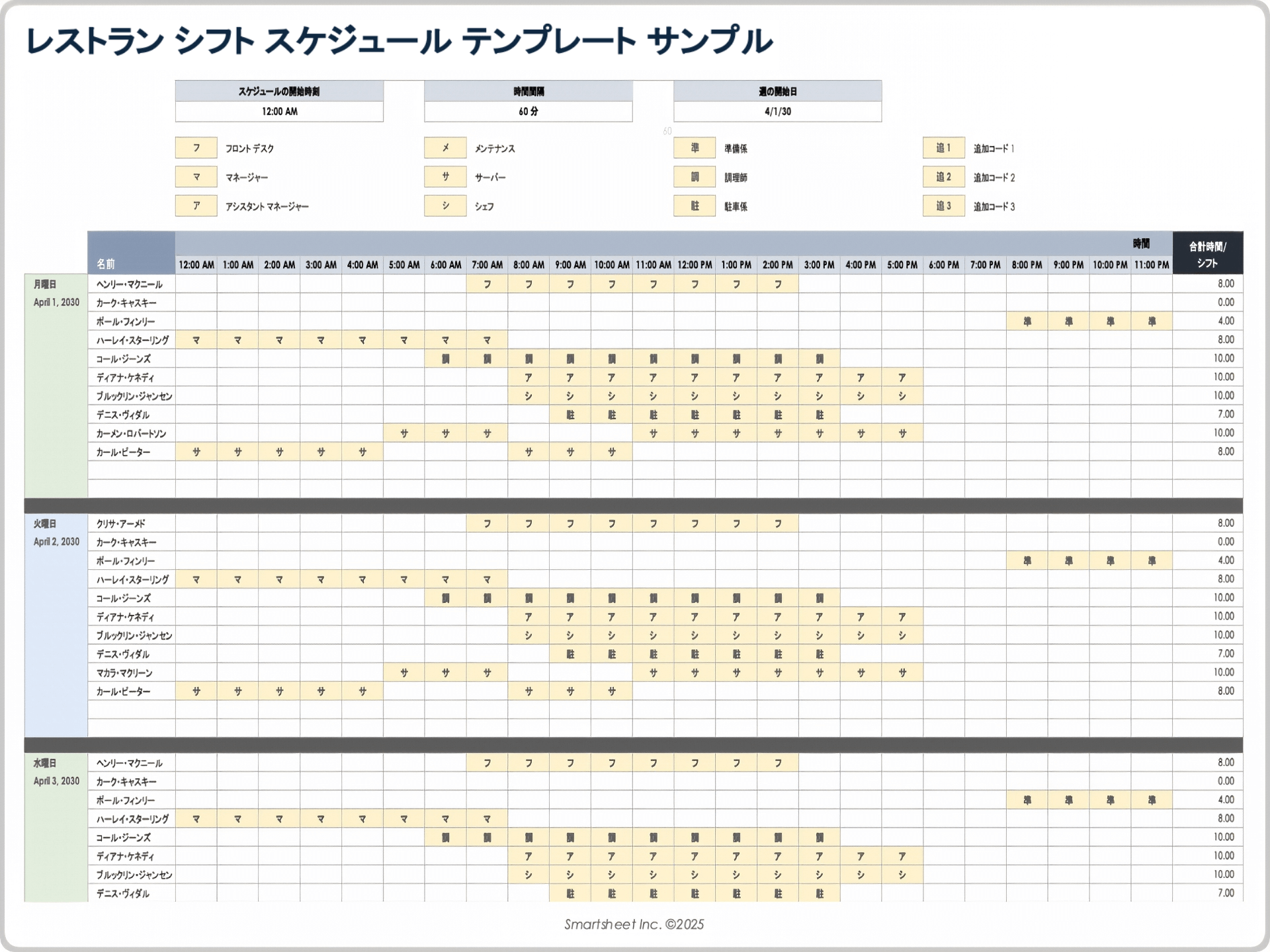 レストラン シフト スケジュール テンプレート