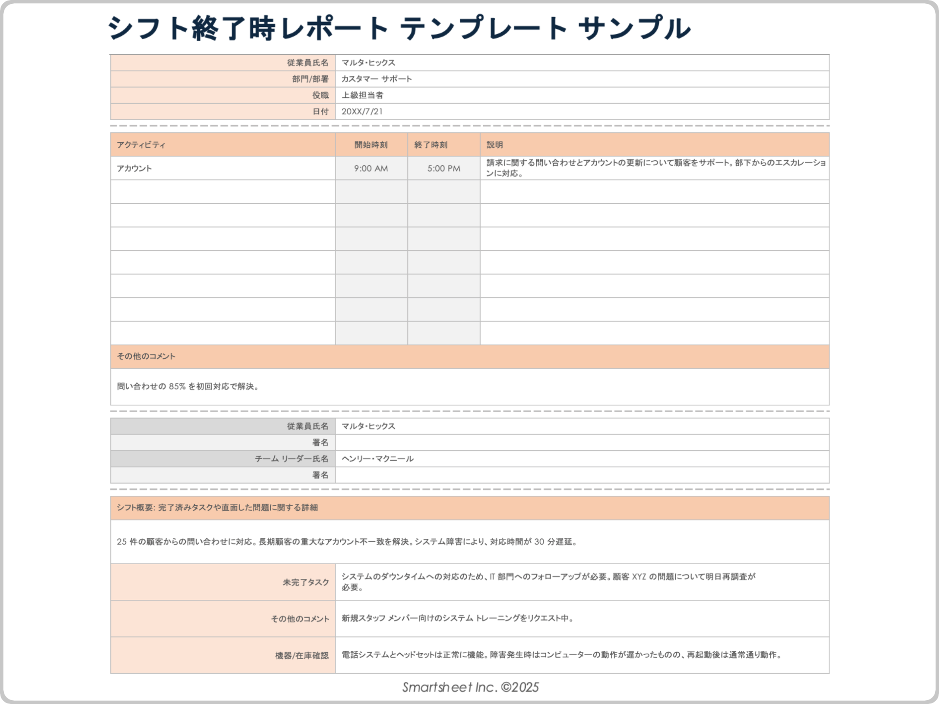 シフト終了レポート テンプレート