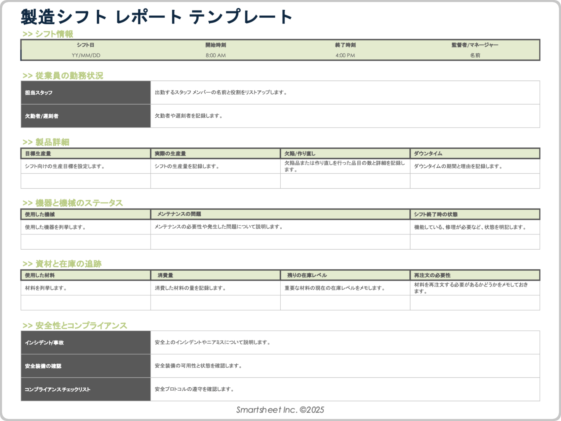 製造シフト レポート テンプレート