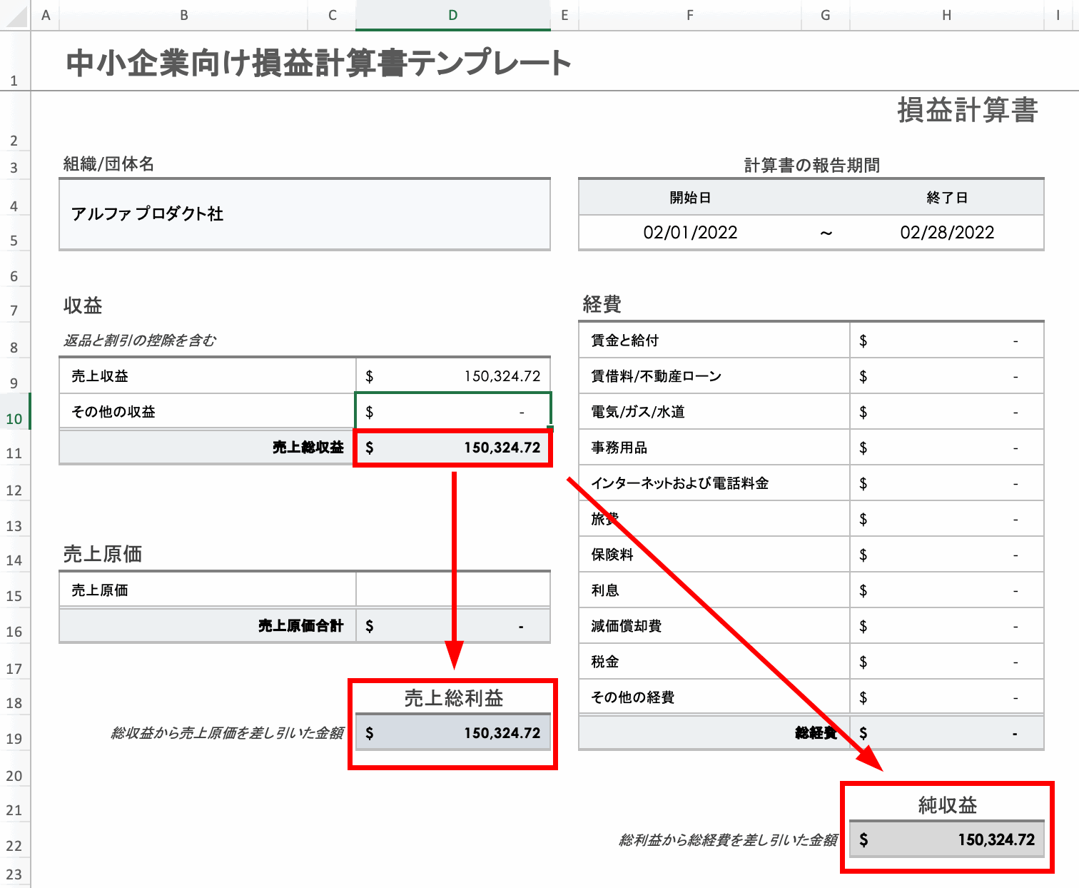 総利益と純収益のセル入力