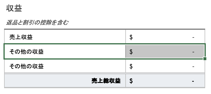 収益のカスタマイズにおける新しい行項目