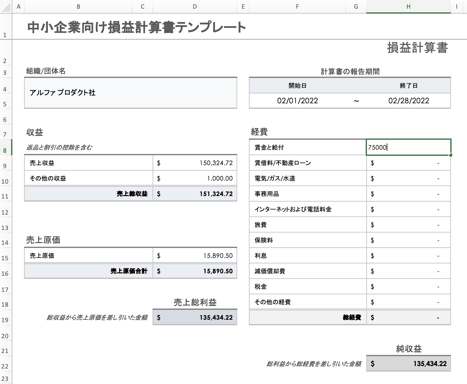 賃金と給付の経費セル