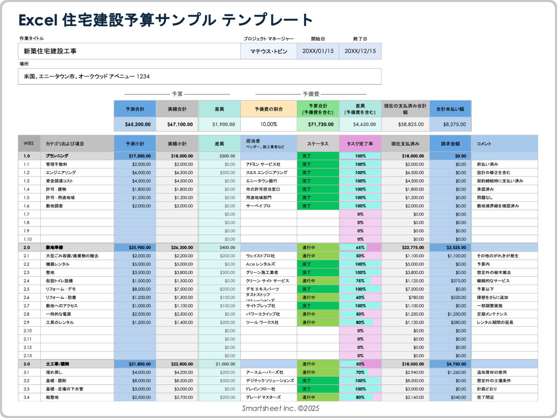 住宅建設予算テンプレートのサンプル