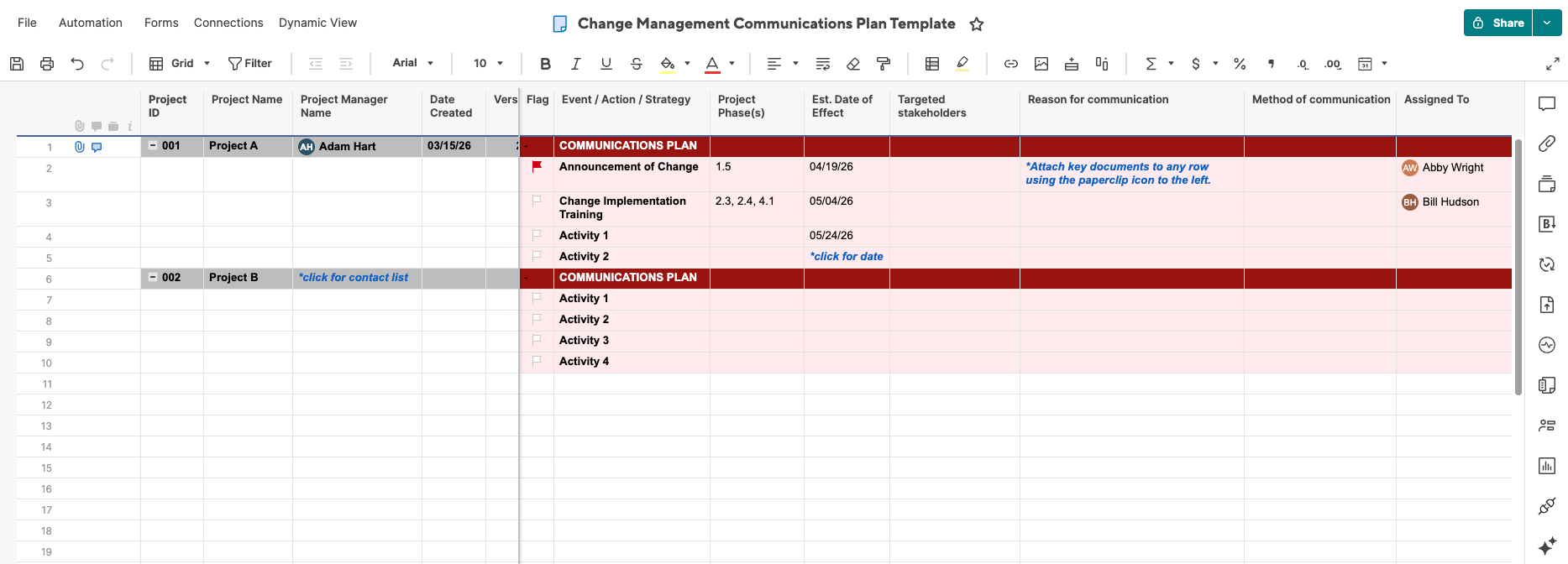 smartsheet change management communications plan template