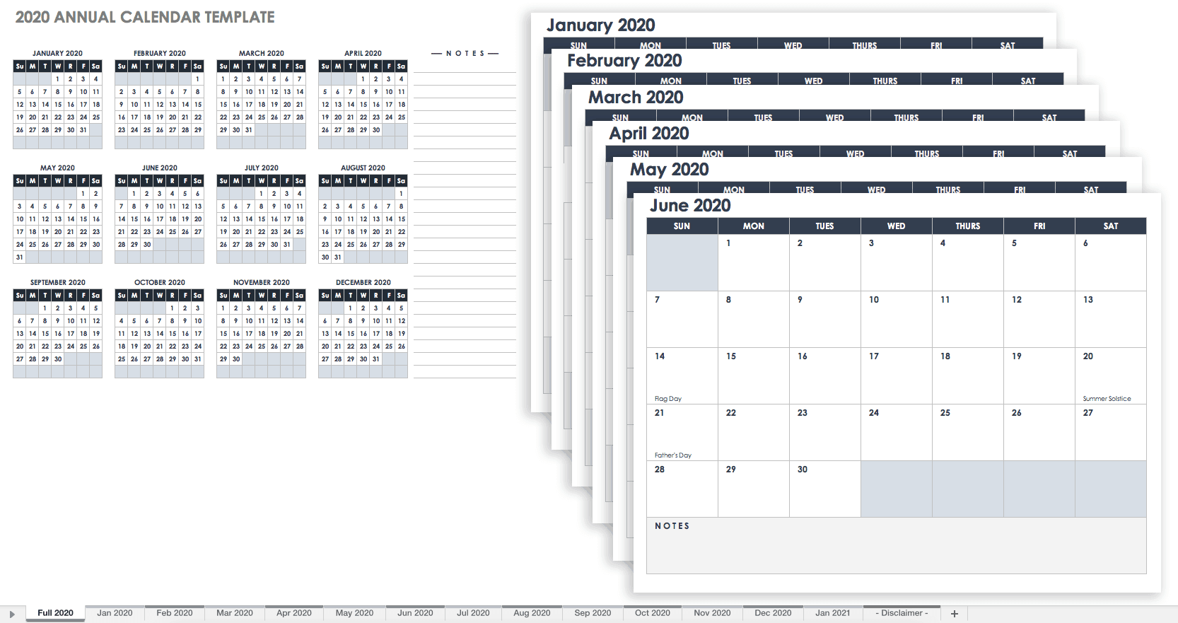 2020 年 12 か月カレンダー テンプレート