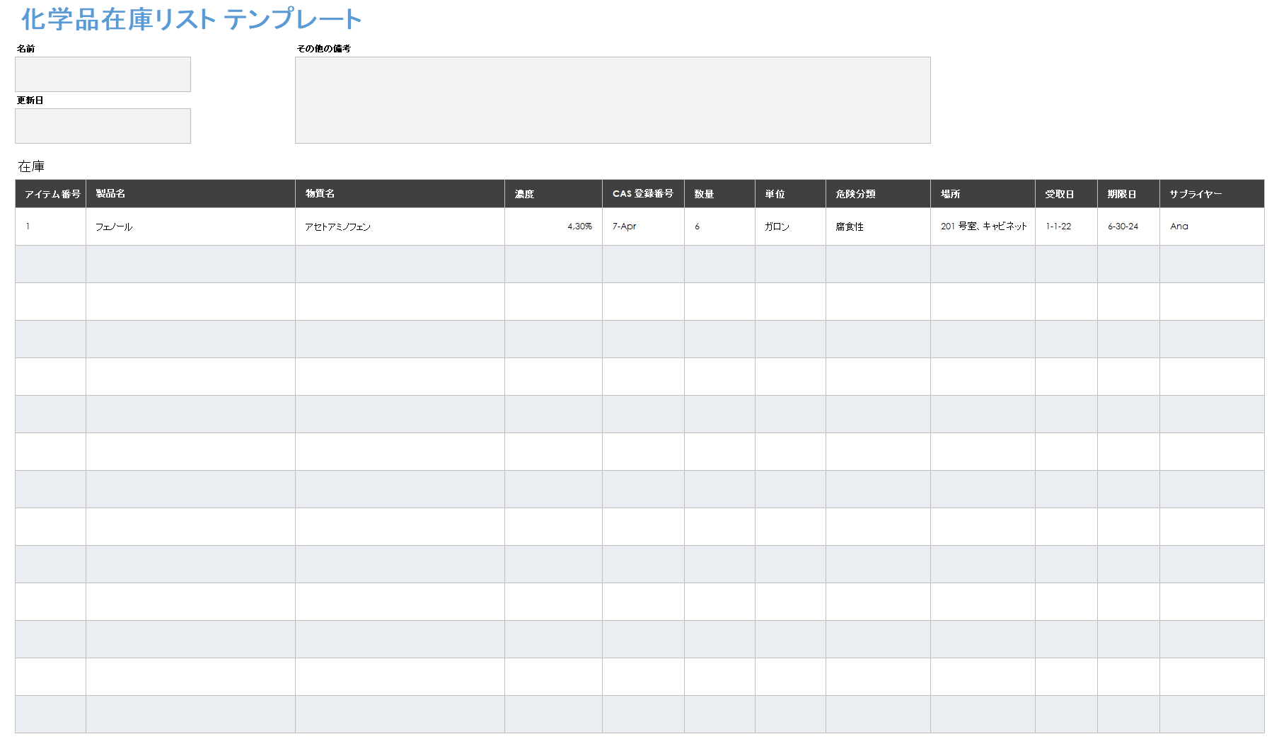 化学物質在庫リストのテンプレート