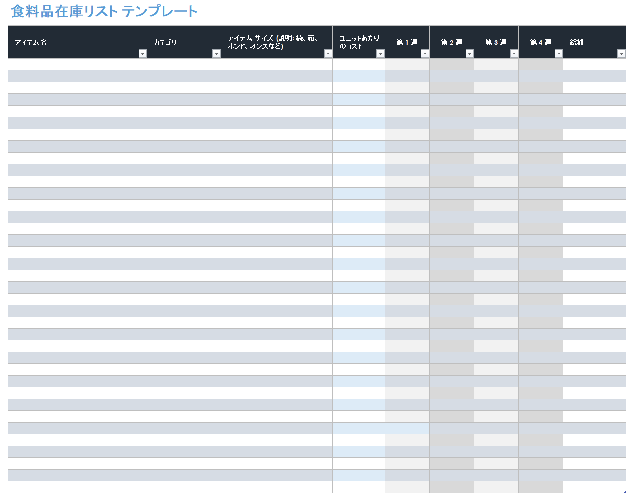 食料品の在庫リストのテンプレート